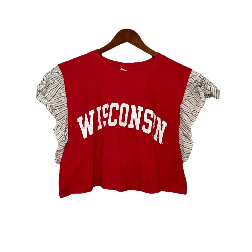 Wisconsin Crop Top Red Tshirt Womens Large Upcycled Ruffle Sleeve